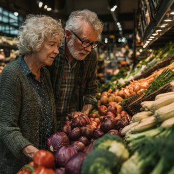Літня пара готує здорову їжу разом на кухні