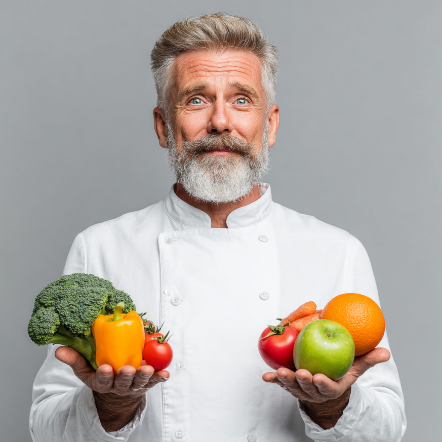 Літня жінка з усмішкою готує салат з свіжих овочів